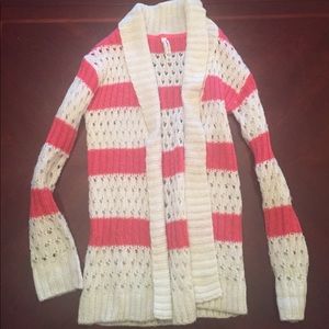 Coral and cream striped open cardigan