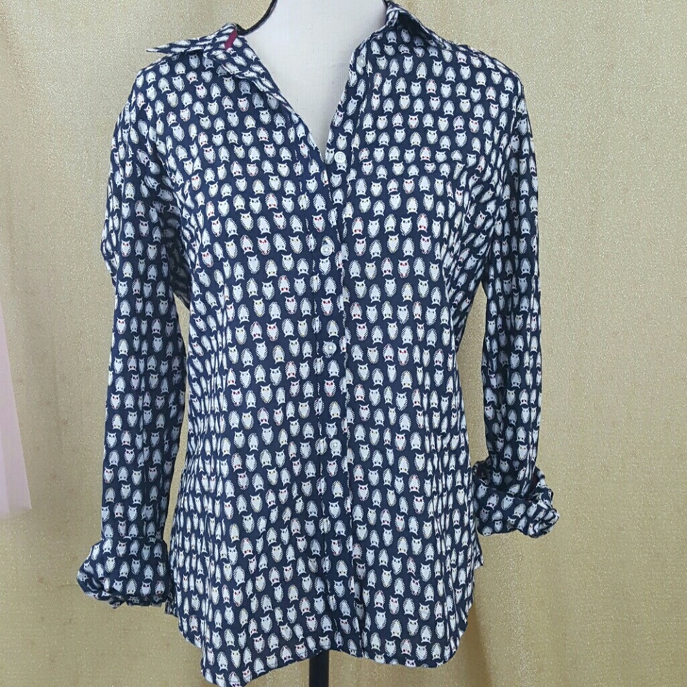 Silk blend owl print button down Sz large