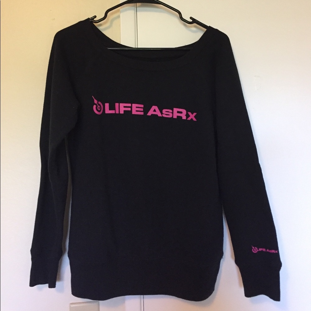 Black off the shoulder life as Rx sweatshirt