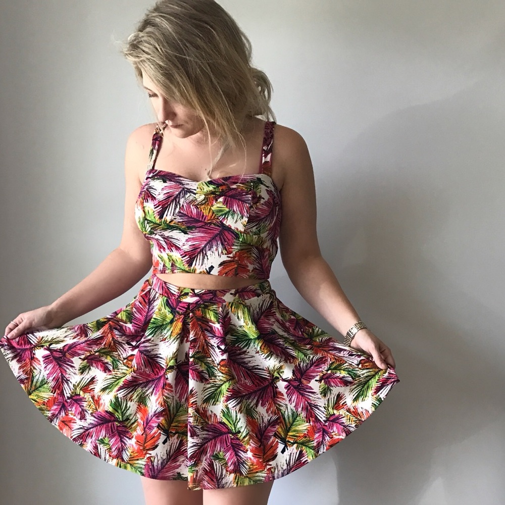 Colorful crop top and skirt.