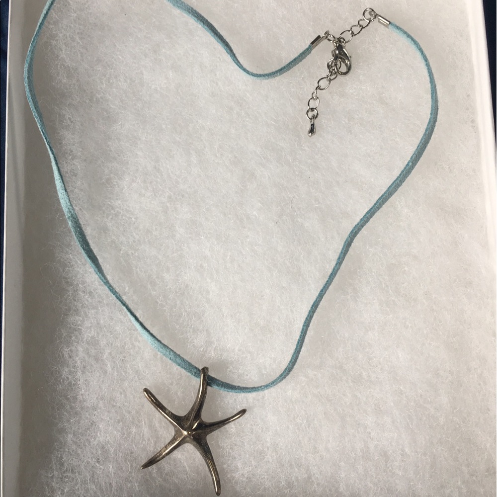 Handmade Blue Suede Choker with Sterling Silver Starfish Pendant