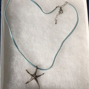 Handmade Blue Suede Choker with Sterling Silver Starfish Pendant