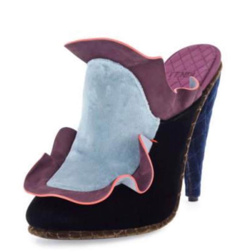 Fendi Velvet-Nubuck Ruffled Mule, Multi - Picture 1 of 4