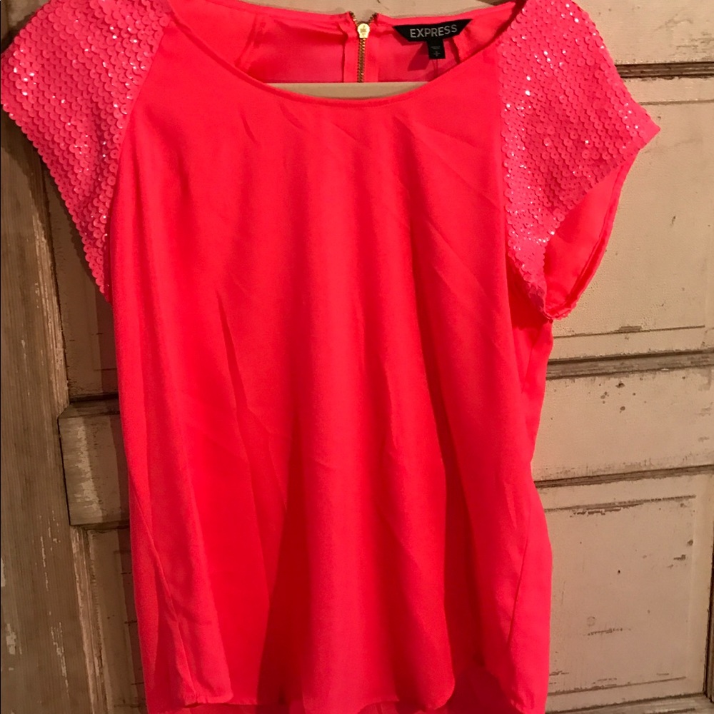 Bright Pink Chiffon Top with Sequins on Sleeves