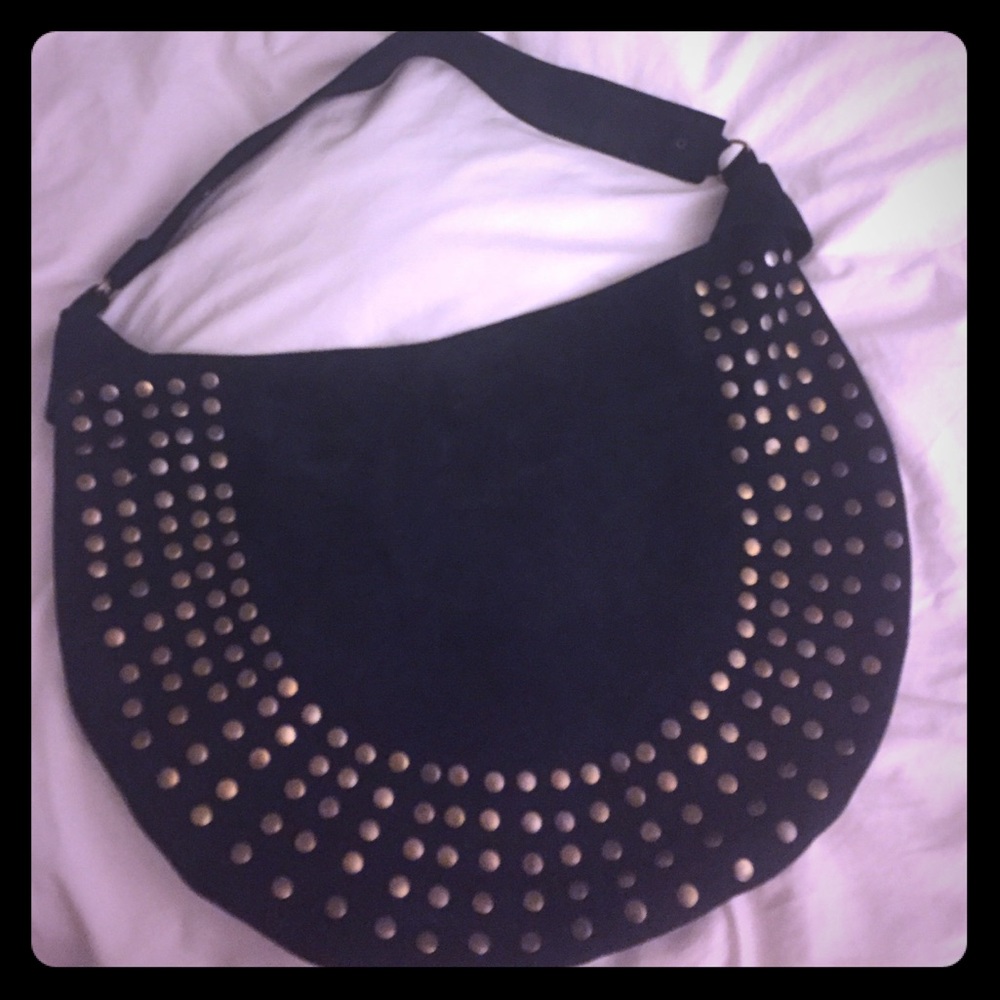 Dark blue suede bag with metal embellishment