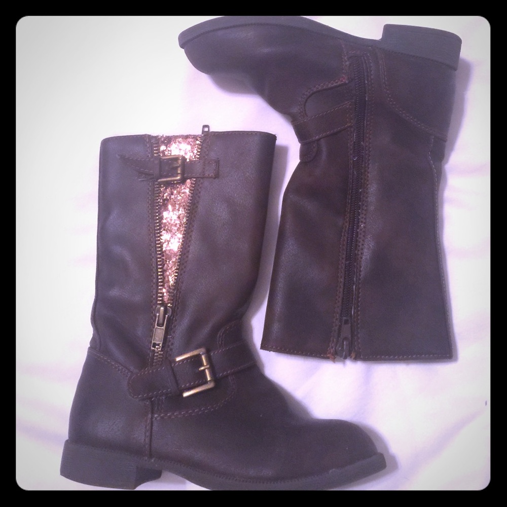 Little Girls Zip Glitter Brown Boots