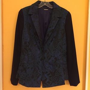 Ellie Tahari blue green and black tapestry blazer.