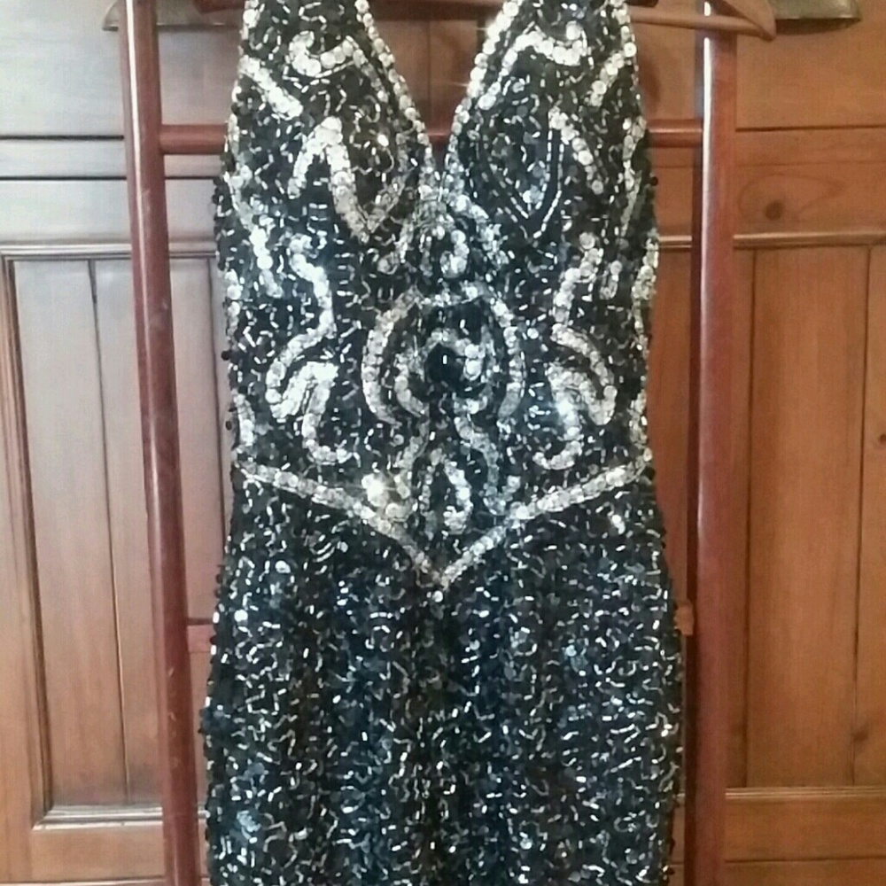 Black and silver sequence evening dress