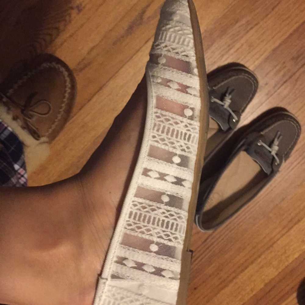 White crochet and lace peekaboo flats