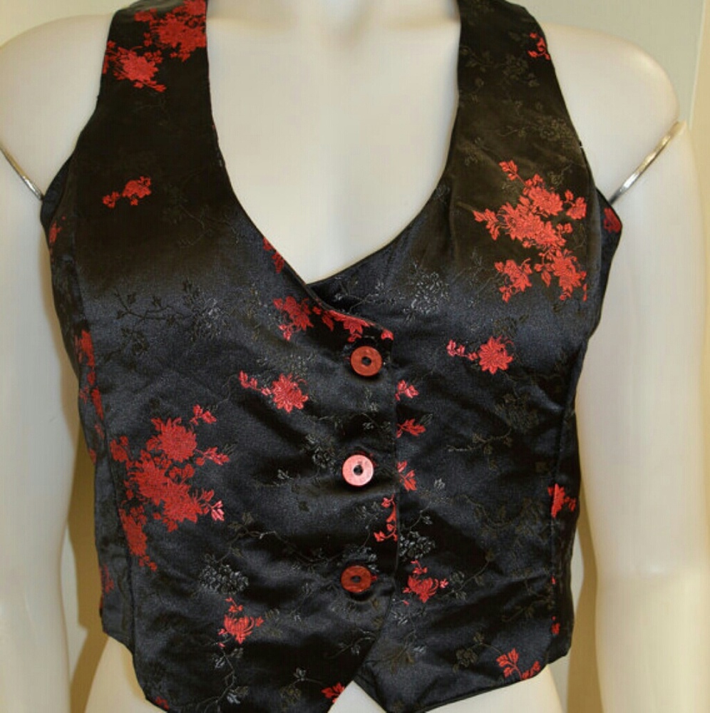 Black and red satin oriental print vest top
