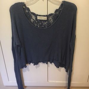 dark blue cropped long sleeve lace back sweater