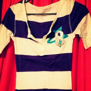 "Medium purple & white stripped button up Tee"