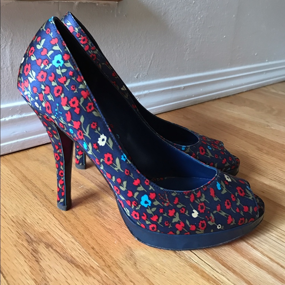 Betsey Johnson Navy Floral Peep Toe Heels
