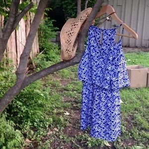 Floral Detail Blue & White Romper