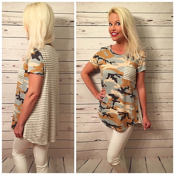 Adorable contrast camo top in taupe and blue! - Picture 3 of 3