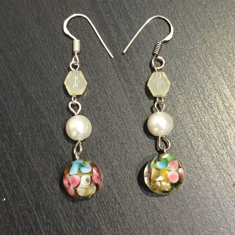 Glass bead and faux pearl earrings