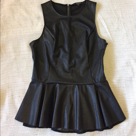 Guess Tops - Guess black faux leather peplum top