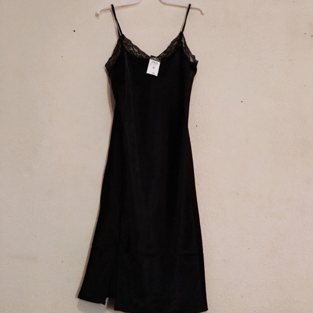NWT Black Silk-like and Lace Slip Dress