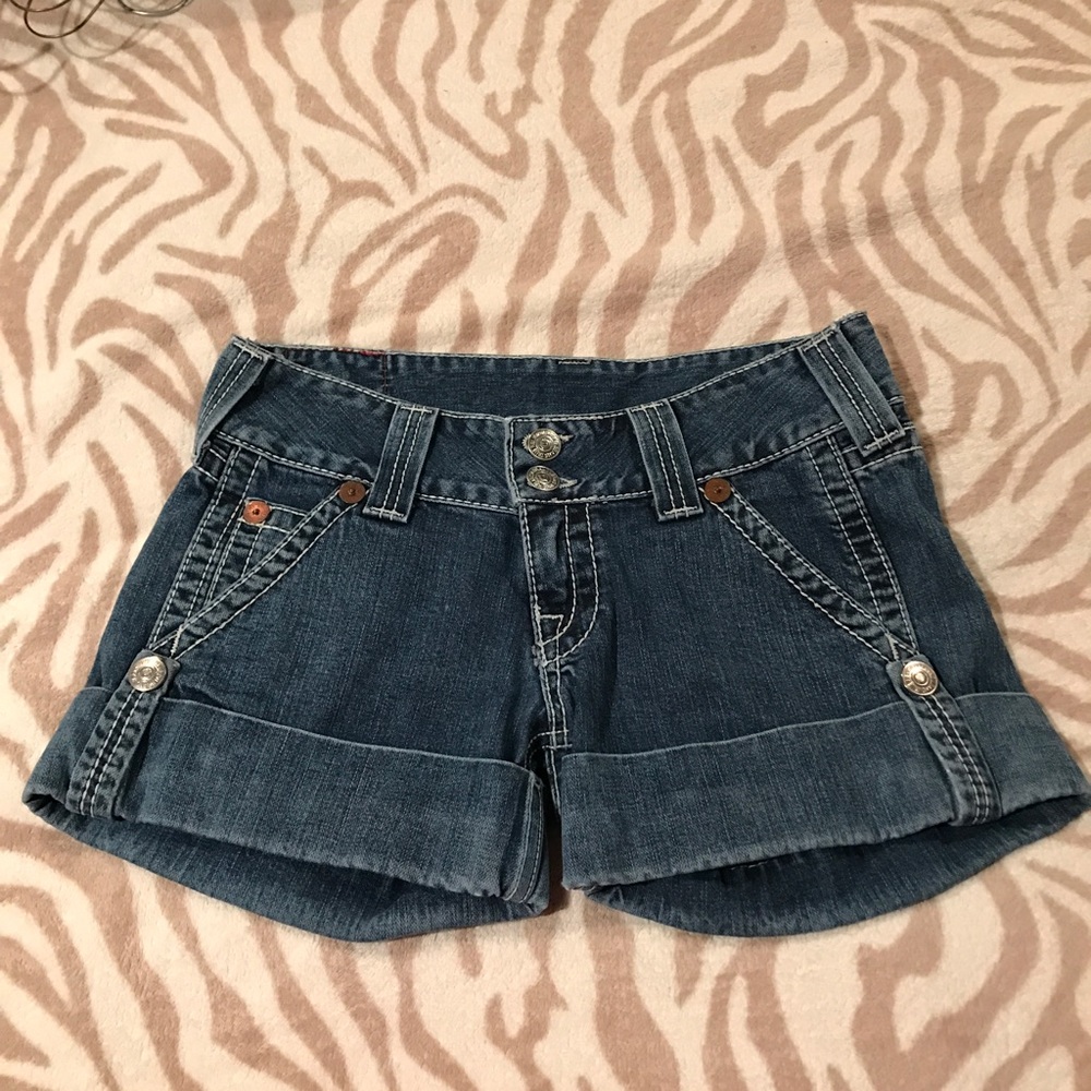 True Religion rolled cuff jean shorts.