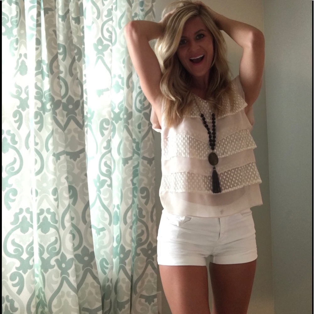 Pale pink top with white lace detail