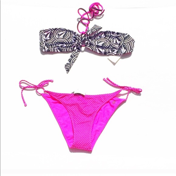 Volcom 2 piece bathing suit pink and black - Picture 1 of 3
