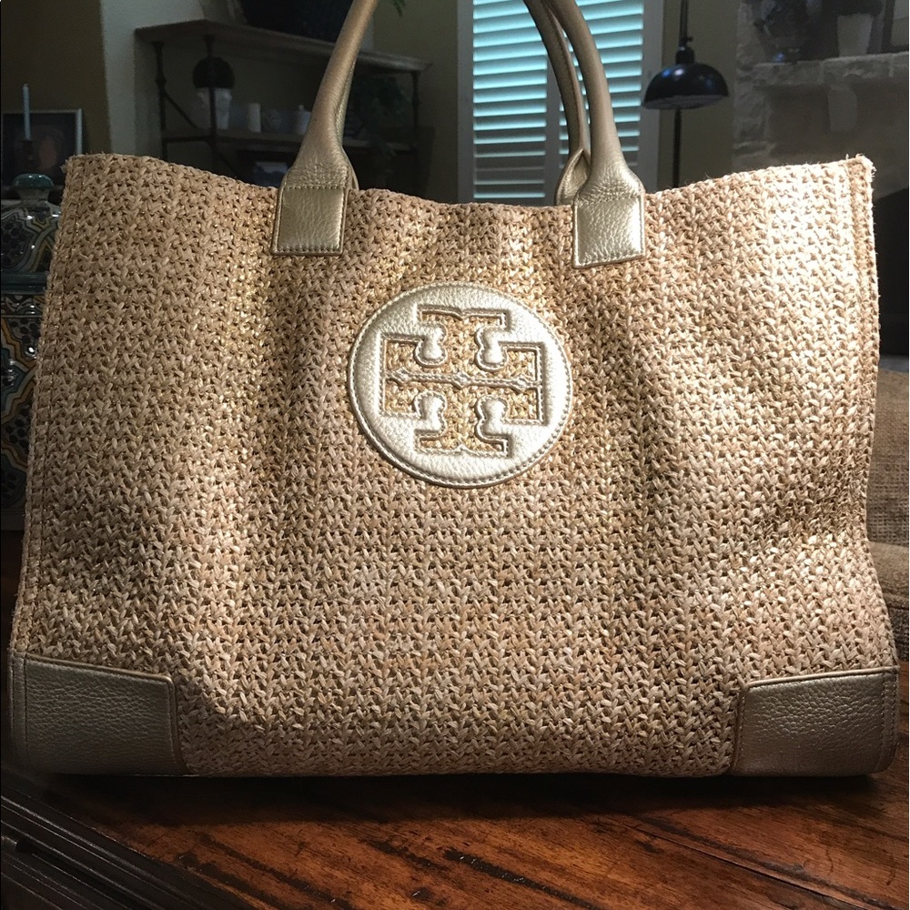Tory Burch gold leather & straw tote bag