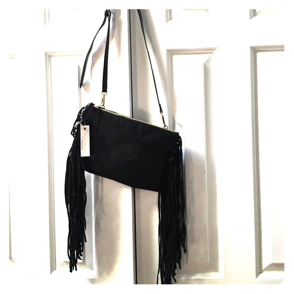 NWT faux leather black fringe purse