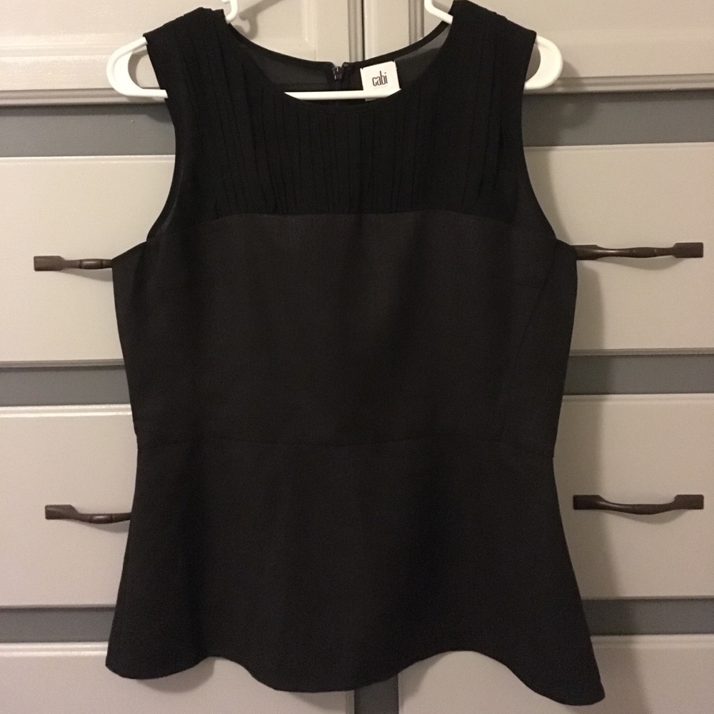 Cabi black dressy peplum sheer neckline tank