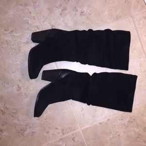 Black suede high heeled boots