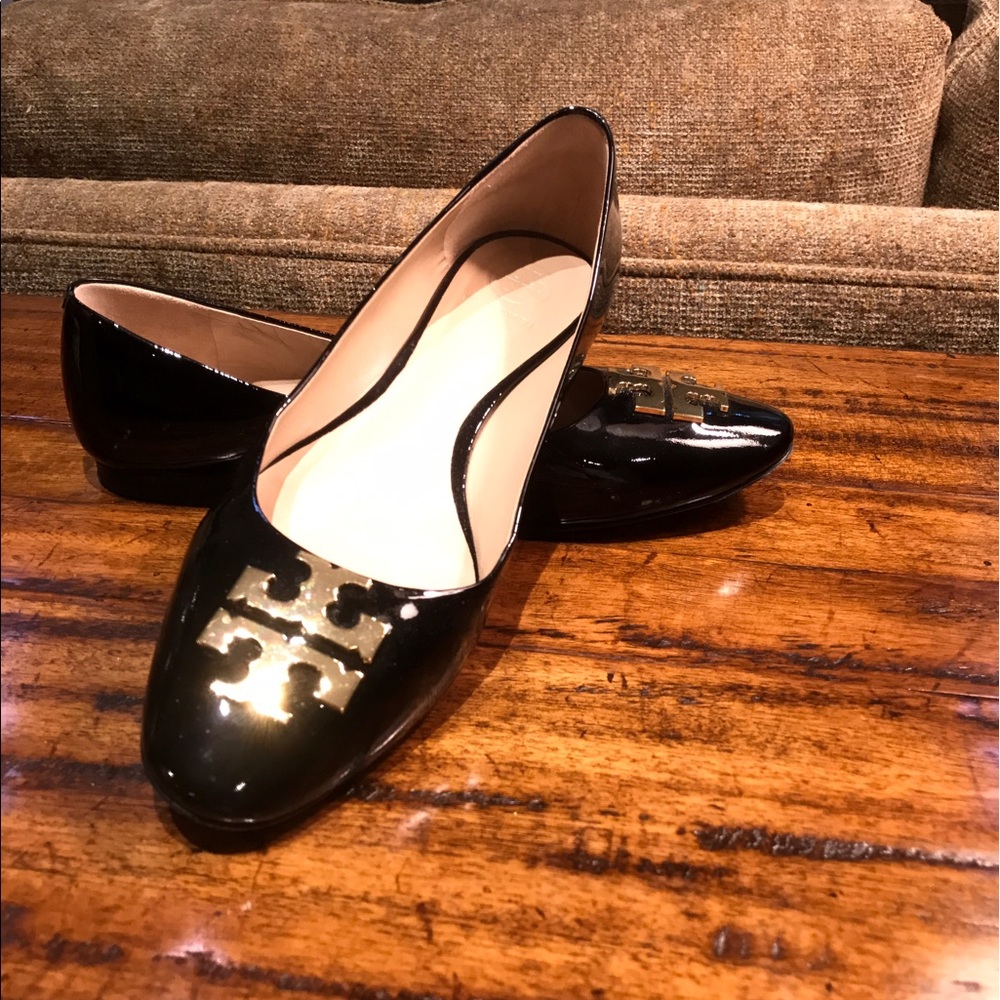 Tory Burch black patent flats with gold Tory logo