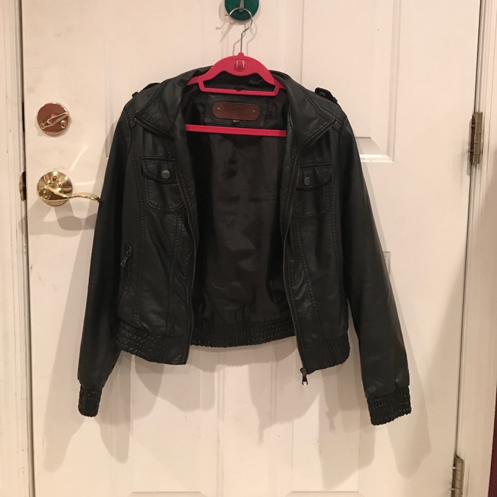 Black Faux Leather Bomber Jacket