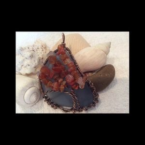 COPPER WIRE-WRAPPED SEA GLASS & CARNELIAN PENDANT
