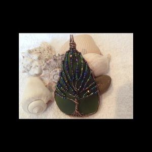 COPPER WIRE-WRAPPED SEA GLASS & BEAD TREE PENDANT