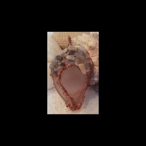 COPPER WIRE-WRAPPED PINK SEA GLASS & AGATE PENDANT
