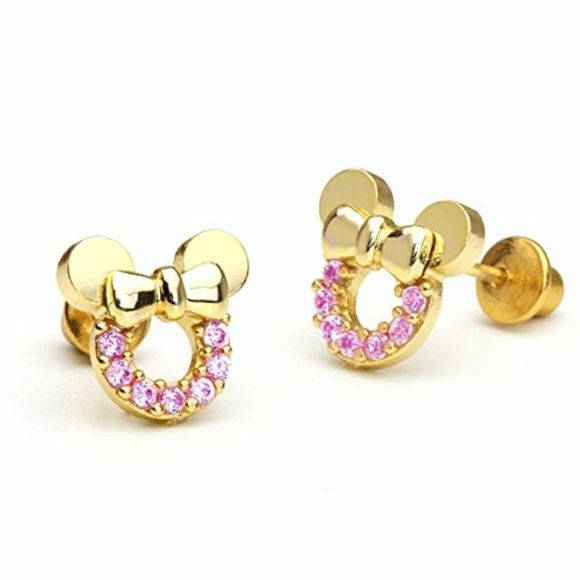 New Kids Girls Earrings gold plated CZ Pink Mouse. - Picture 4 of 9