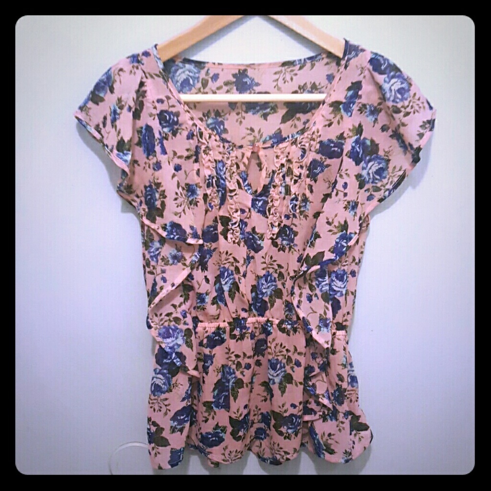 Pretty pink blue rose peplum chiffon blouse