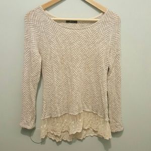 Chevron knit gray and white lace top