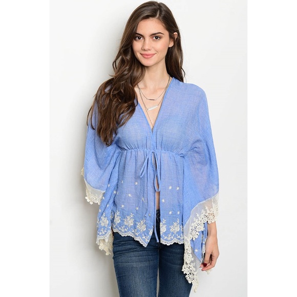 Tops - Chambray top with Cream Crochet Lace Details