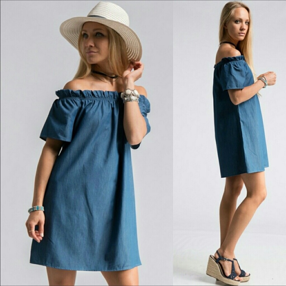 Off Shoulder Denim Dress *One Small Left!😍 - Picture 2 of 2