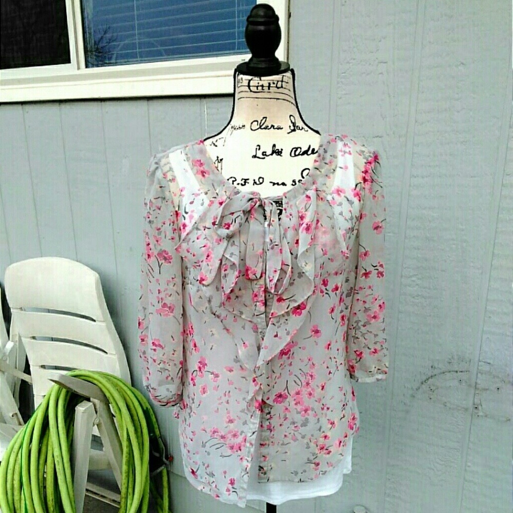 Gray Blouse w/ Pink Flowers