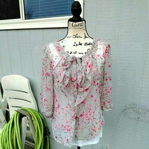 Gray Blouse w/ Pink Flowers