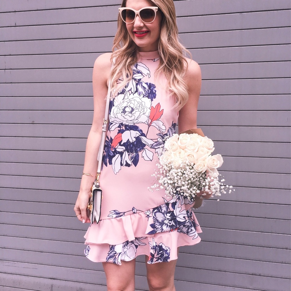 Floral Ruffle High Neck Dress