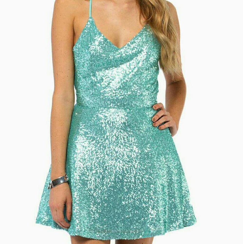 Tobi- Lexa Dress Mint Sequin Mini Skater Dress