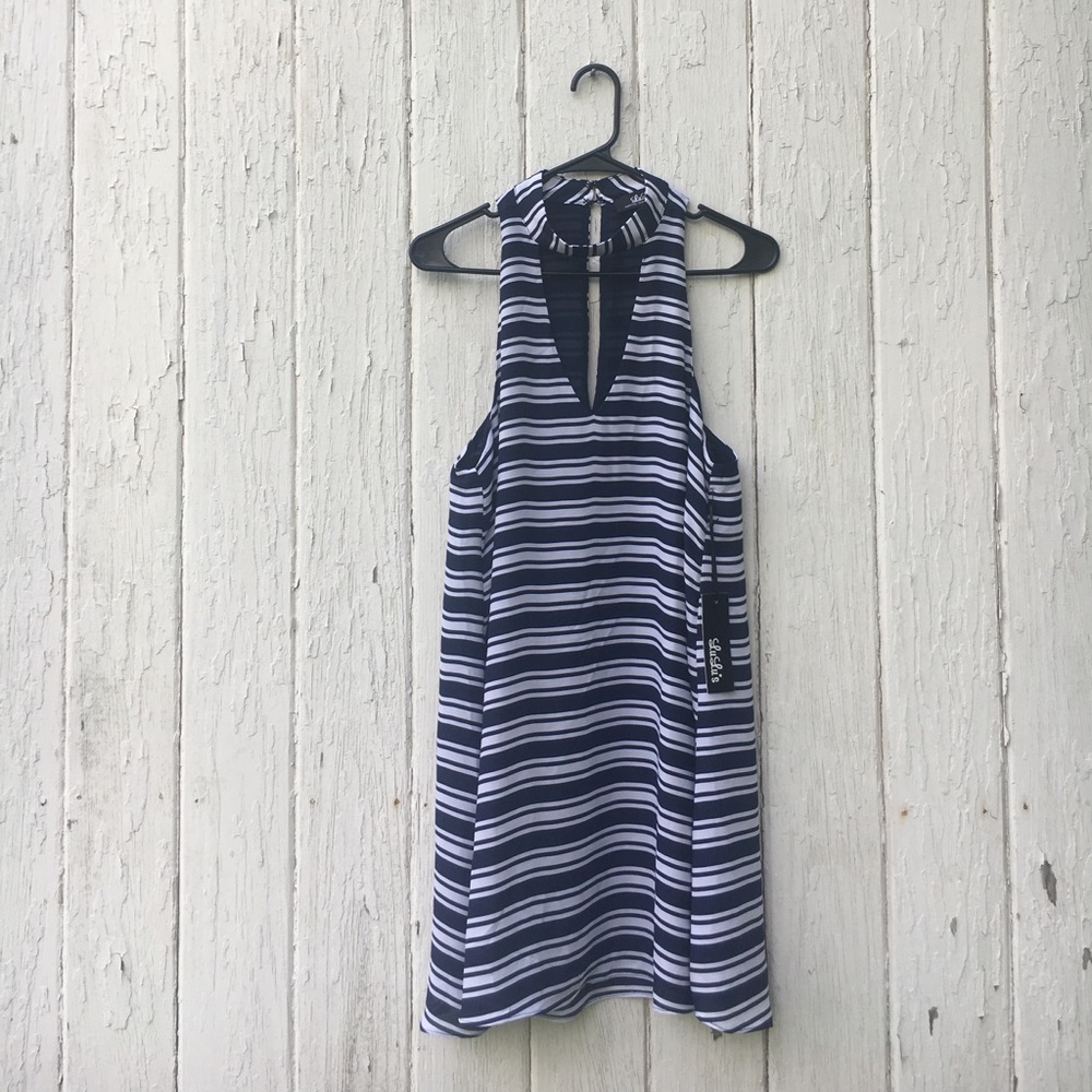 Blue and white striped choker dress