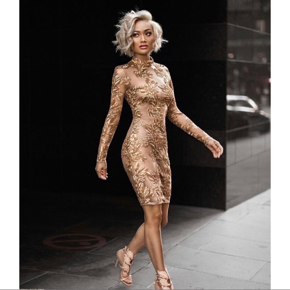 GOLD HAND EMBELLISHED SEQUIN AND MESH DRESS
