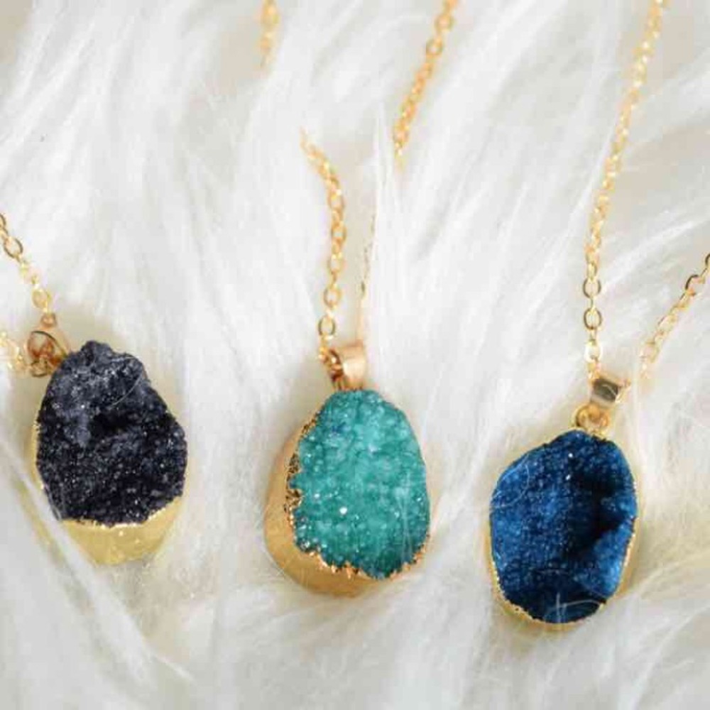 3 druzy necklaces green blue black gold