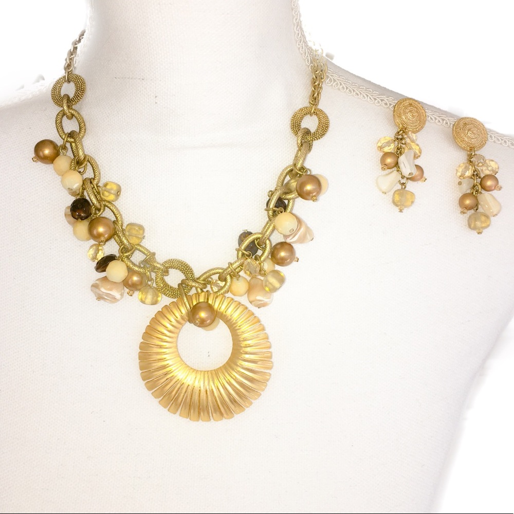 Rosa Flores Gold & Bronze Beaded Necklace/Earrings