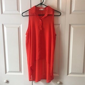 Collared orangish red high low tank top