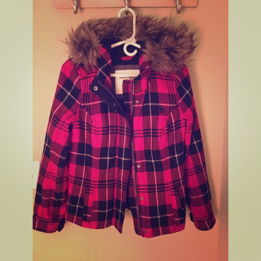Abercrombie & Fitch Plaid fur hooded zip jacket