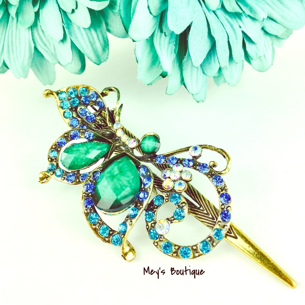 Teal Butterfly Jeweled Hair Clip